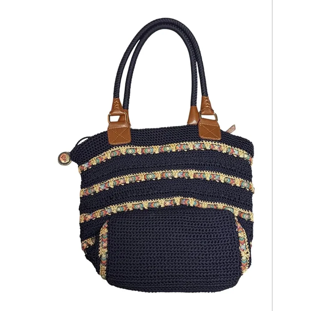 The Sak Navy Crochet Shoulder Tote Bag Boho Tribal Stripe Large